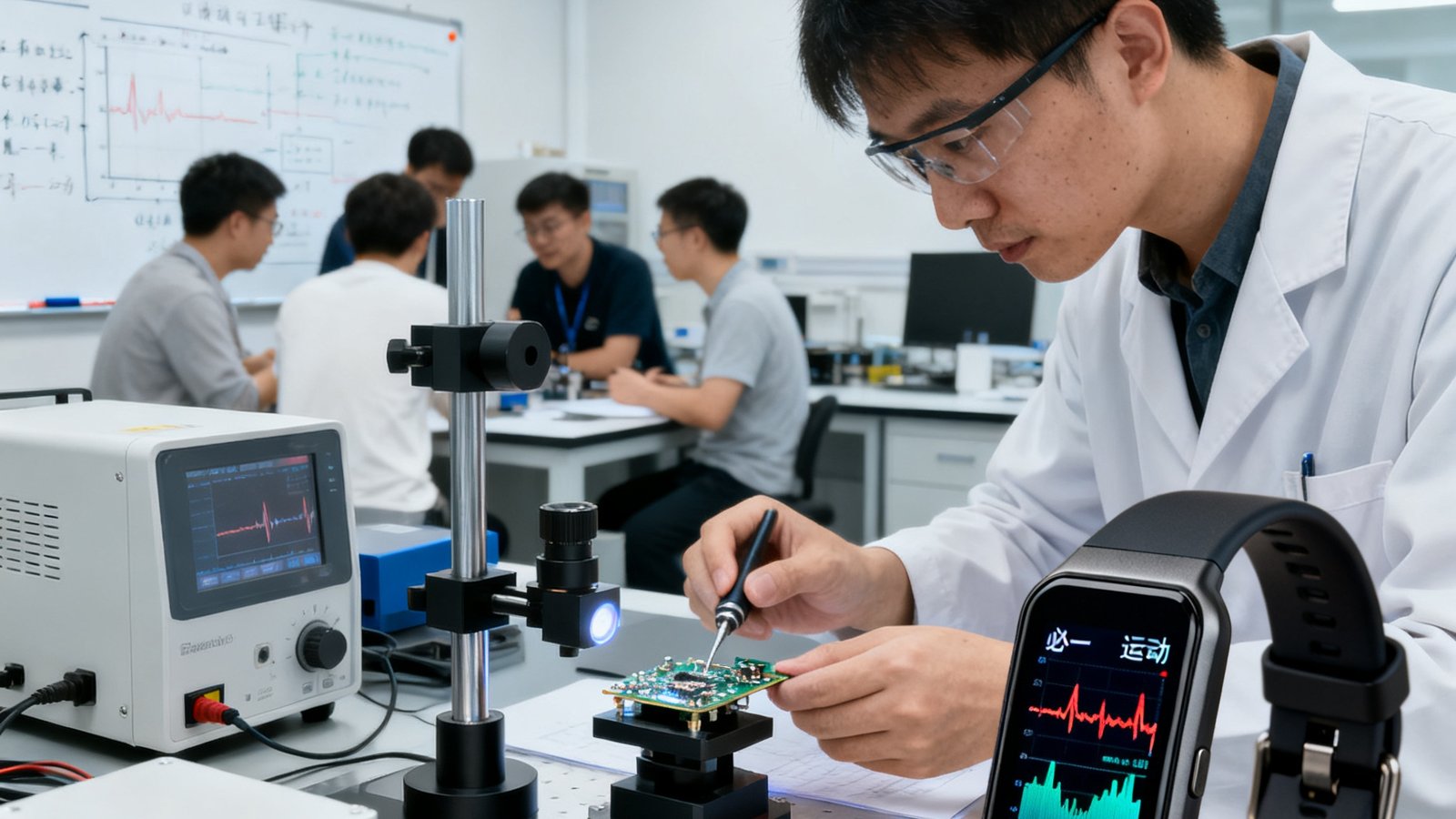 必一运动研发团队在成都实验室测试新一代运动体征监测手环，工程师正在校准光学心率传感器模块