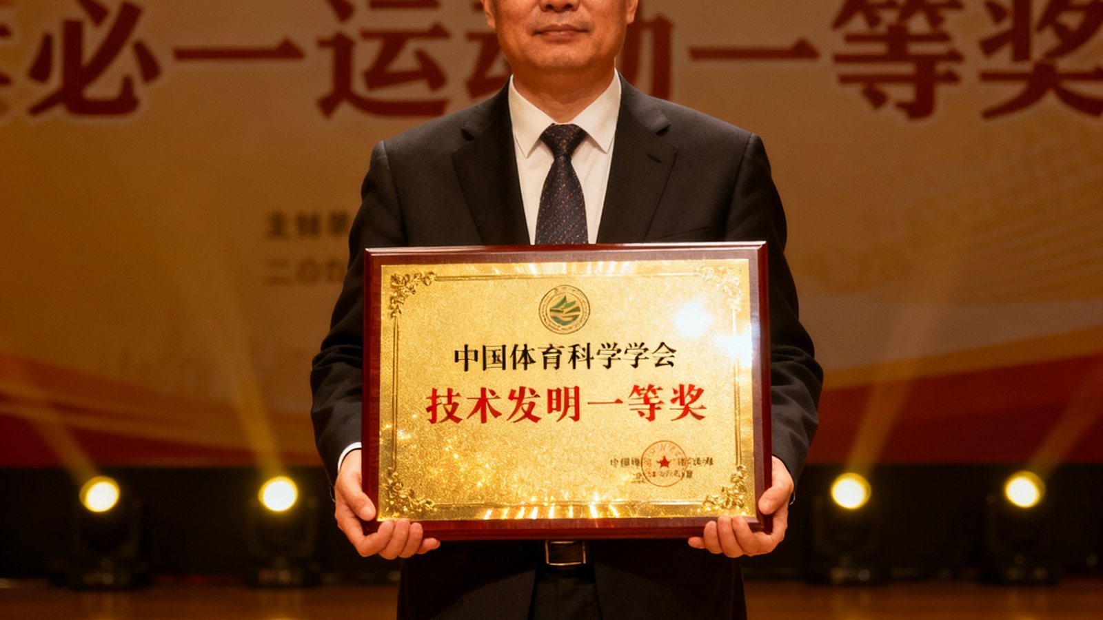 必一运动代表在中国体育科学学会颁奖典礼上领取技术发明一等奖奖牌